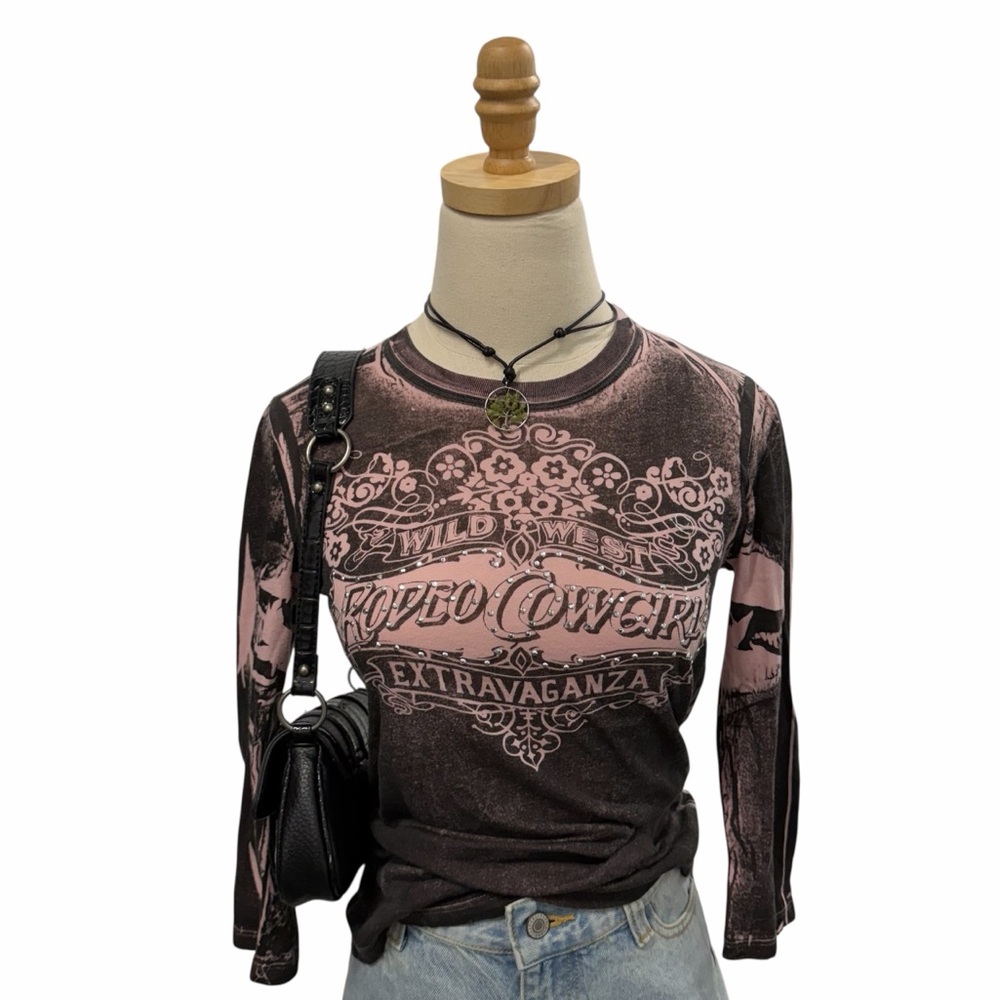 Skinny Minnie Rodeo Cowgirl Graphic Top Brown Pink Western Baby Tee Size M